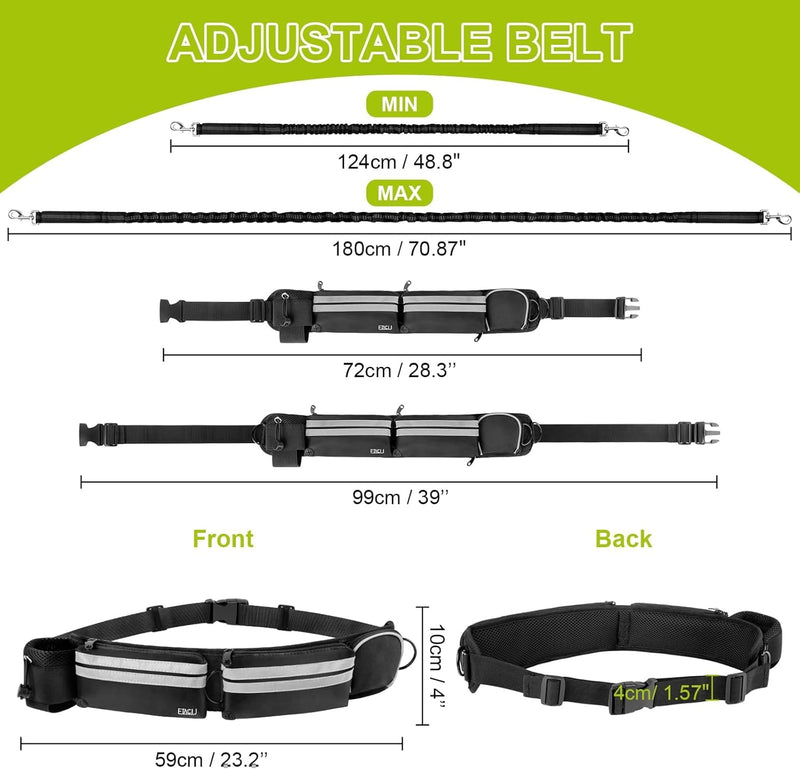 Hands Free Dog Leash for 2 Dogs - 2 Convenient Pouches on This Nifty Hands Free Leash - Padded Handles and 2 Tough Bungees - Perfect Waist Leash for Dog Walking, Running or Adventuring Waist: 28in - 49in Black - PawsPlanet Australia