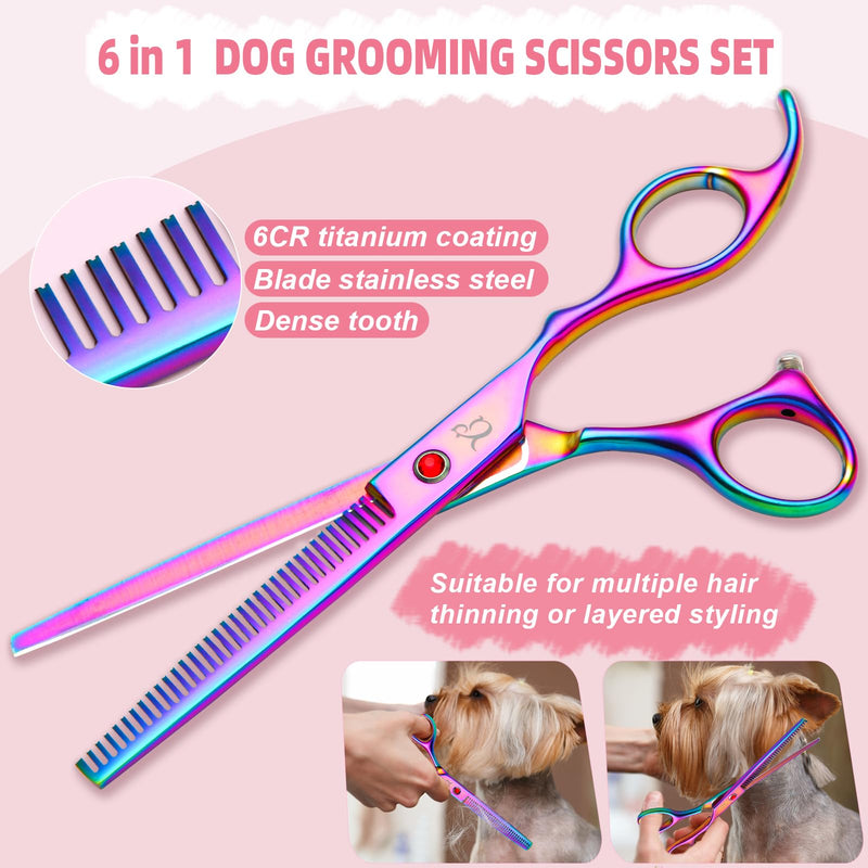 Dog Grooming Scissors,Rainbow Curved Scissors with Safety Round Tips,Sharp and Durable 6 in 1 Dog Scissors for Grooming - PawsPlanet Australia
