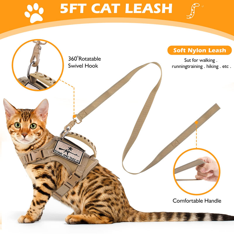 Tactical Cat Harness and Leash Set for Walking Escape Proof, Adjustable Large Cat Vest Harness with Molle Patches, Soft Mesh Padding, Rubber Handle Easy to Control Khaki - PawsPlanet Australia