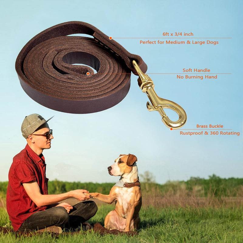 Guiding Star Leather Dog Leash 6ft, Dog Leashes for Large Dogs Heavy Duty, Soft Handmade Leather Training Leash for Large & Medium Dogs (6ftx3/4inch, Brown) 6ft x 3/4 inch - PawsPlanet Australia