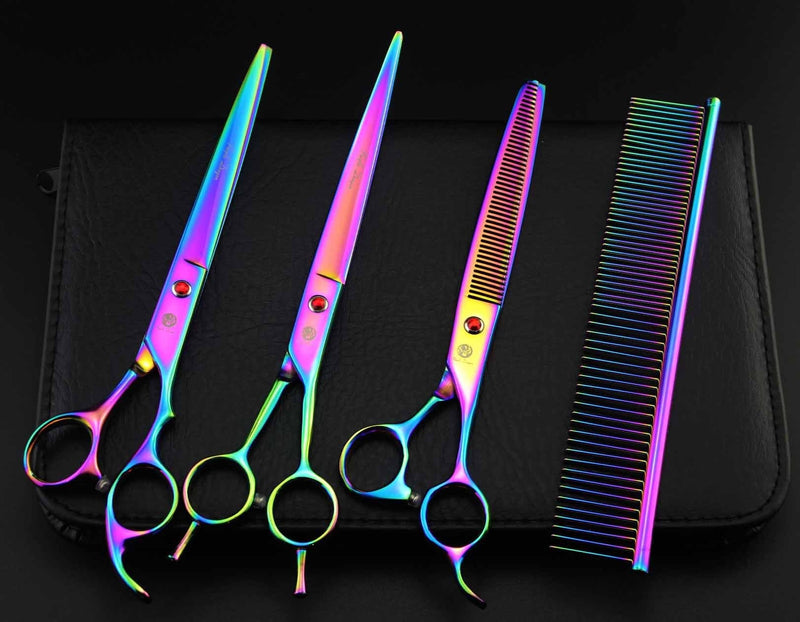 Purple Dragon 8 inch 3 in 1 Professional Pet Grooming Thinning Scissors - Upward Curved Shears and Dog Hair Cutting Scissor - Perfect for Pet Groomer or Family DIY Use (Rainbow) Rainbow
