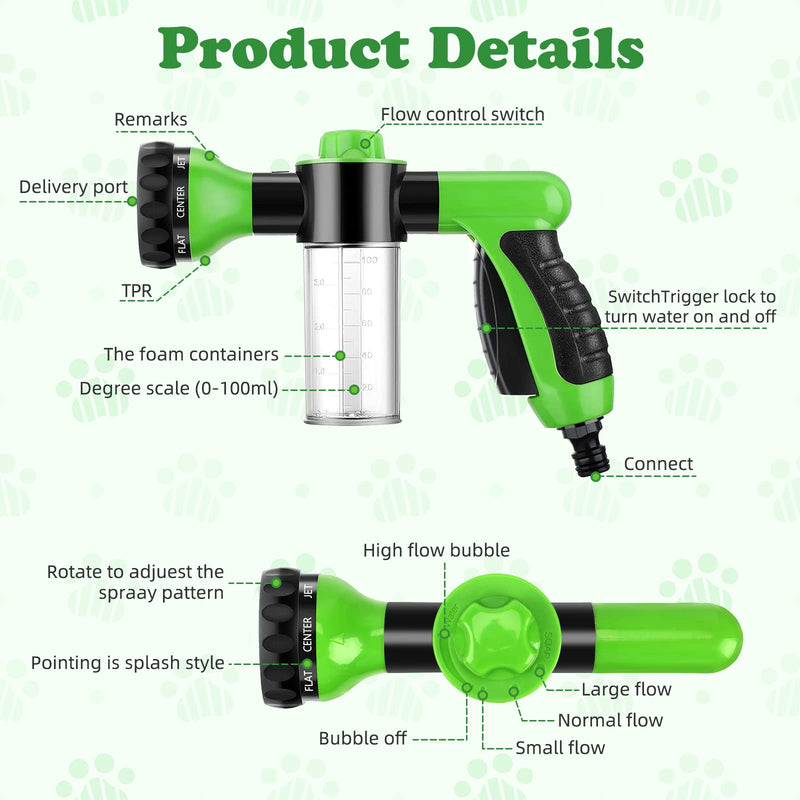 Pup Jet Dog Wash 7 Pieces Pet Bathing Tool Set Include Expandable Hose Spray Nozzle Livestock Foamer Soap Dispenser with Connectors Dog Bathing Sprayer for Pets Showering Green