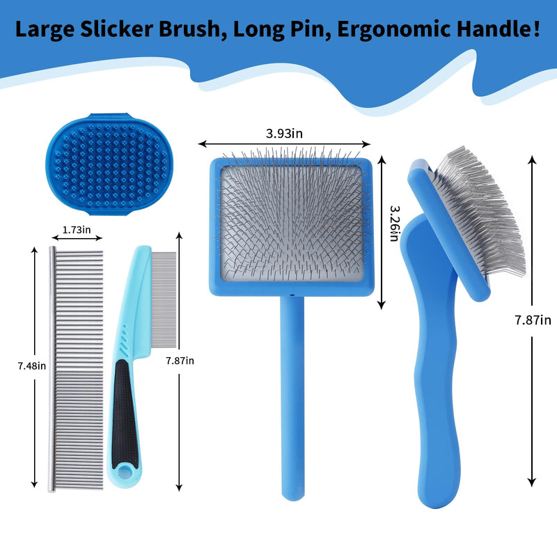 Ergonomic Slicker Brush for Long-Haired Dogs, Wooden Handle Dog Brush,Goldendoodles, Labradoodles, Poodles Long Pins for Grooming Loose Hair，Effectively Removes Tangles, Knots and Loose Fur Blue