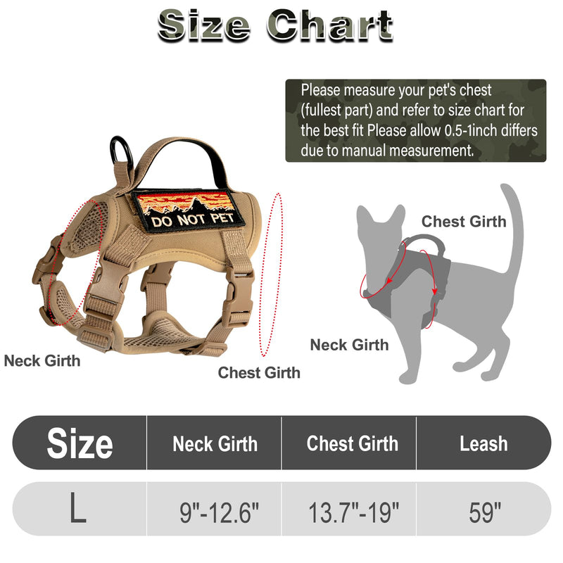 Tactical Cat Harness and Leash Set for Walking, Adjustable Escape Proof Pet Vest for Large Cat, Easy Control Breathable Vest with Handle?Molle Patches (Khaki+Leash, L) Khaki+Leash