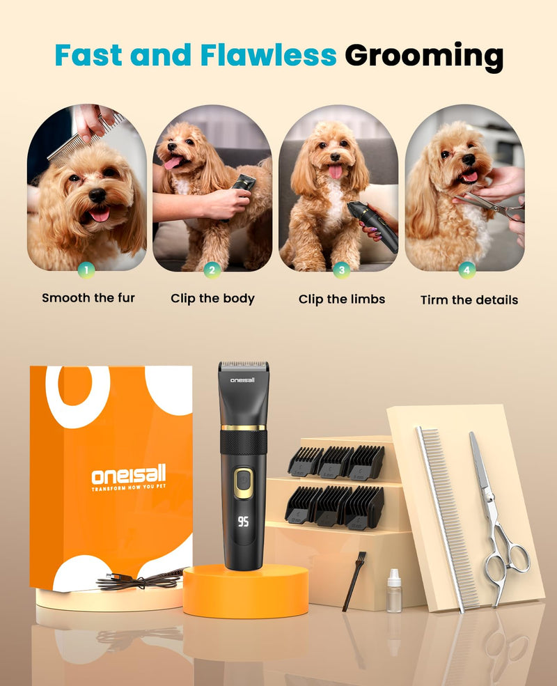 oneisall Quiet Dog Clippers Upgraded Pro, Dog Hair Clippers with LED Display, 3.5h Battery, Rechargeable, IPX7 Waterproof Pet Grooming Kit for Home Grooming