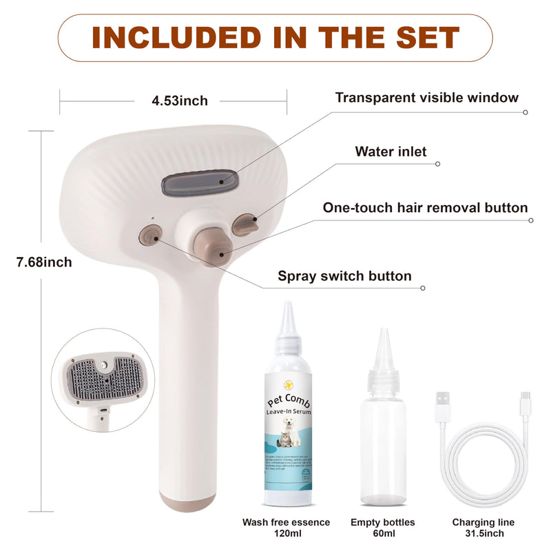 Cat Steam Brush, Dog Brush for Shedding, Pet Spray Hair Removal Comb, Pet Grooming Brush for Short & Long Haired Dogs & Cats,Spritz Defur Comb with Waterless Shampoo (White) Pet Brush+Shampoo - PawsPlanet Australia