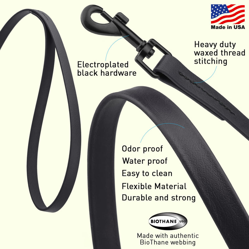 Dogline Biothane Waterproof Dog Leash Strong Coated Nylon Webbing with Black Hardware Odor-Proof Easy to Clean High Performance for Small or Large Dogs Made in USA 4 or 6 ft Lead, Black W1/2" x L6' - PawsPlanet Australia