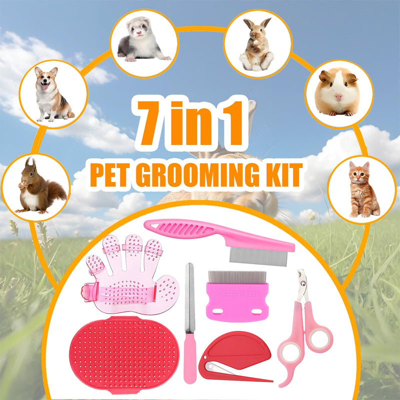 Rabbit Grooming Kit – Bunny Grooming Kit with Shedding Brush, Nail Clippers & Comb – Small Animal Grooming Supplies for Rabbits, Guinea Pigs, Hamsters, Ferrets - Small Pet Shedding & Care (Pink) Pink