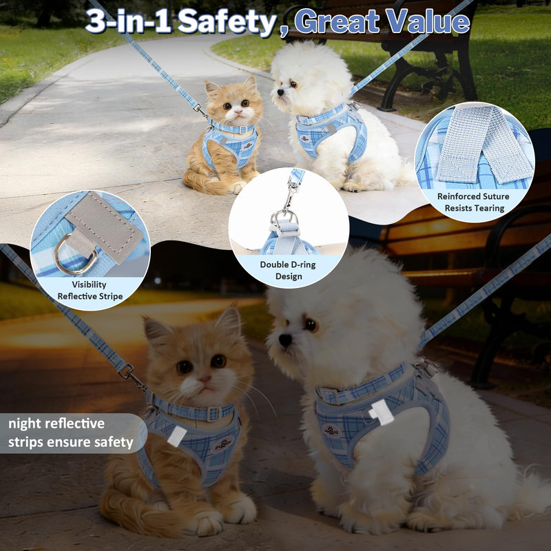 Gyuzh No Pull Dog Harness - 3-in-1 Step in Harness Collar Leash Set for Small Dog Walking & Training, Easy Walk Style, Lightweight Plaid Vest (Blue, M) Blue - PawsPlanet Australia