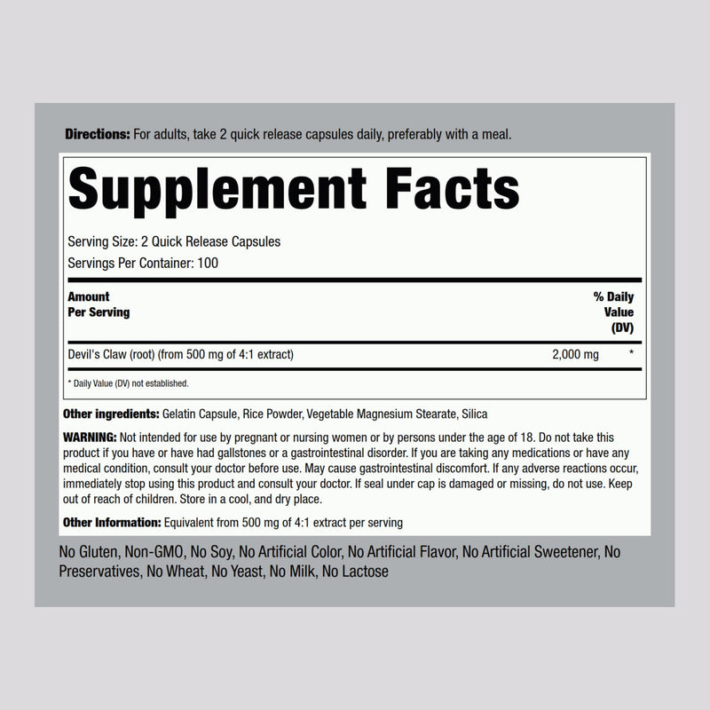 Piping Rock Devils Claw | 200 Capsules | Herbal Supplement | Concentrated Extract | Non-GMO, Gluten Free
