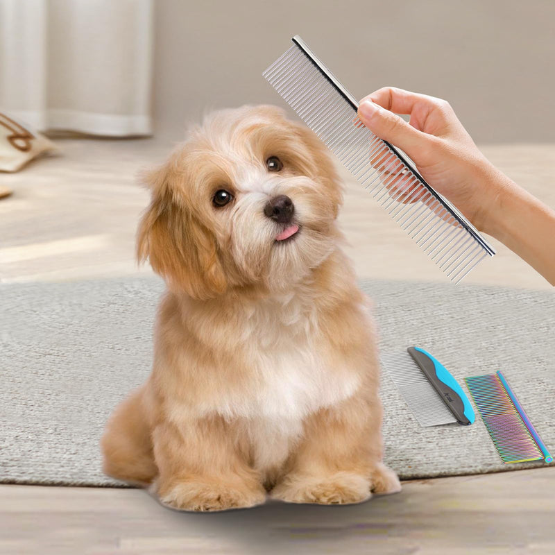 3 PCS Dog Combs for Grooming Matting, Pet Grooming Tools, 2 in 1 Dog Combs with Rounded Ends Stainless Steel Teeth, Cat Comb for Removing Tangles and Knots, Pet Comb, metal comb for dogs, 7.4IN/1.3IN Stainless Steel*3 - PawsPlanet Australia