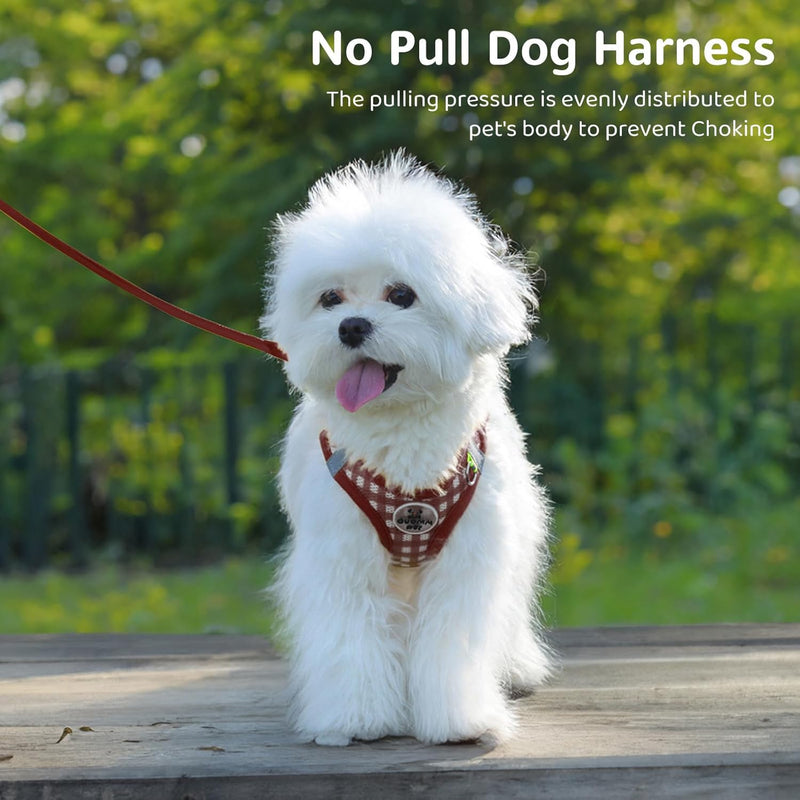 Small Dog Harness and Leash Set, Step in No Pull Adjustable Reflective Pet Harness, Soft Mesh Plaid Vest Harnesses for Small Dogs & Cats Easy Walk Outdoor Hiking Running, Chocolate XS Extra Small - PawsPlanet Australia
