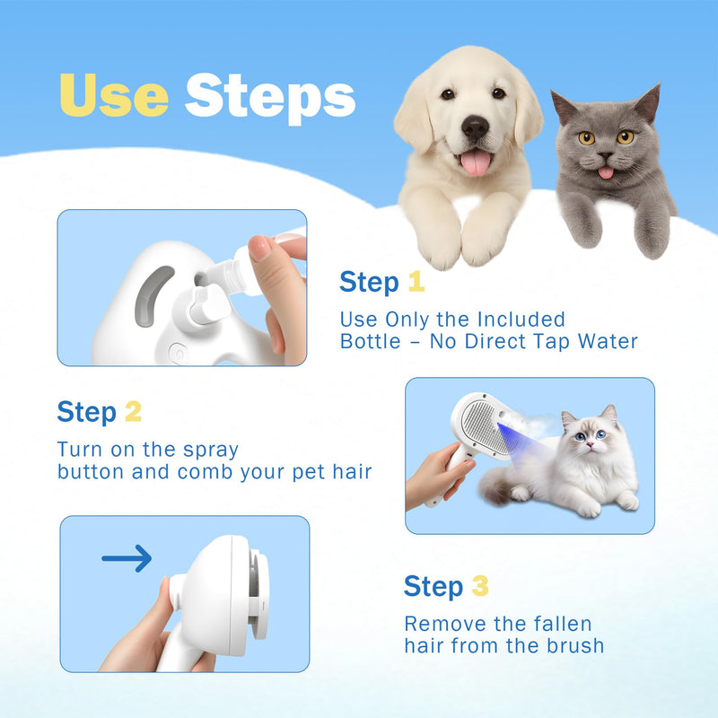 4-in-1 Pet Grooming Steam Brush for Cats & Dogs – Steam Spray, Blue Light, Hair Removal, Self-Cleaning Comb – Includes Pet Waterless Shampoo - PawsPlanet Australia