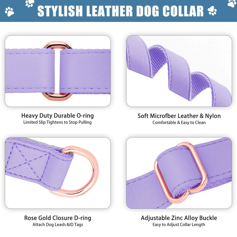 Soft Leather Martingale Dog Collar - Adjustable Rose Gold Limited Slip Collars [Easy to Clean], Stylish Durable Heavy Duty Nylon No Pull Training Collar for Small Medium Large Dogs M Purple M (Neck 14"-21", Width 1") - PawsPlanet Australia
