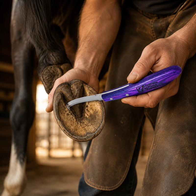 Double-Edge Blade Hoof Knife, J2 420 Magnetic Stainless Steel, Right-Hand, Ergonomic Purple Handle, Professional Farrier Trimming Tool