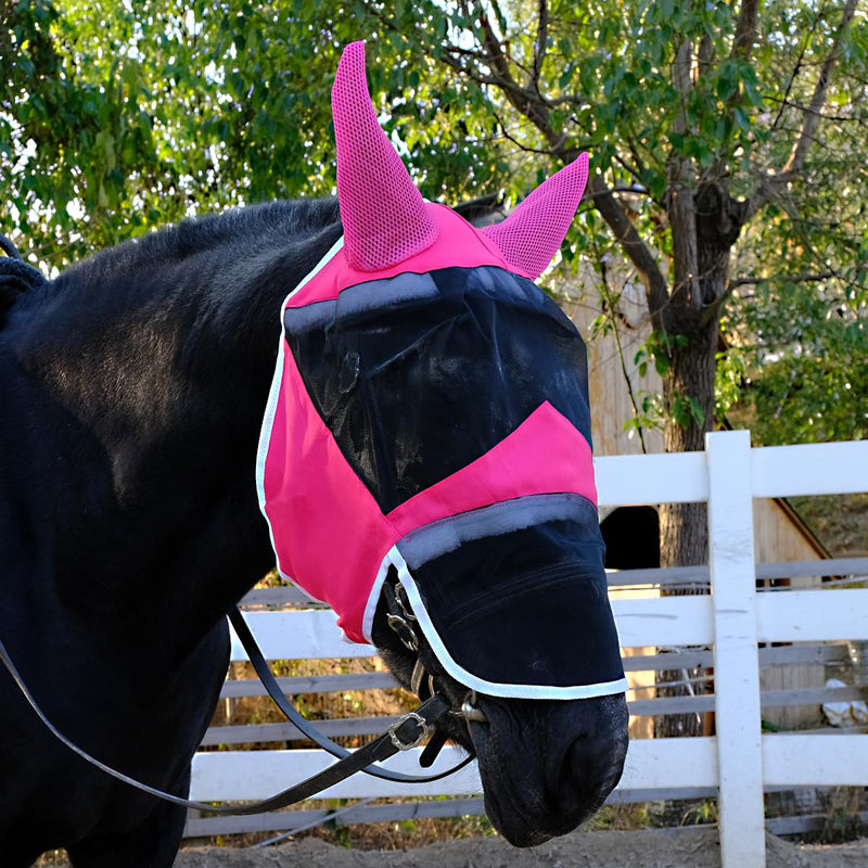 Fly Masks for Horses with Ears and Nose Cover - Comfortable Horse Fly mask with Ears for UV Protection & Sun Shield – Soft Lightweight- Breathable Horse mask(Rose red, (Cob) Medium)