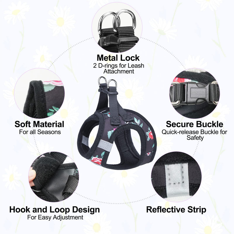 BEAUTYZOO Step in Dog and Cat Harness and Lead Set - Floral Pattern - Reflective - No Pull or Choke - for Dogs and Cats - Soft Padded Mesh Harness for Dogs and Cats Black Rose XX-Small(Chest Girth 11.5"-13") - PawsPlanet Australia
