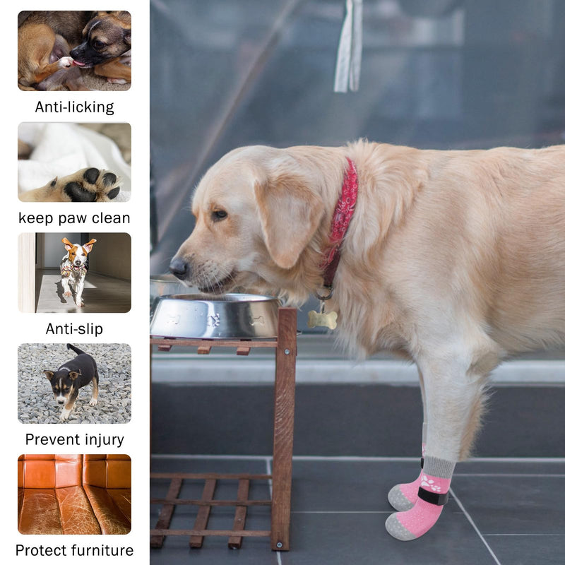 SCENEREAL Anti Slip Dog Sock to Prevent Licking Paws for Hardwood Floors, Boots & Paw Protector Shoes for Hot/Cold Pavement with Grippers, Double Sides Grips for Small Medium Large Senior Dogs, L L(Paw Width 3in) Two Paws(Pack of 6)-Pink