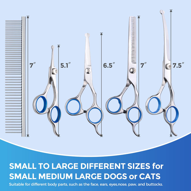 Dog Grooming Scissors with Safety Round Tips, Heavy Duty Titanium Pet Grooming Trimmer Kit, Professional Thinning Shears, Straight Scissors with Comb for Dogs and Cats (Set of 5) Silver Set of 5 - PawsPlanet Australia