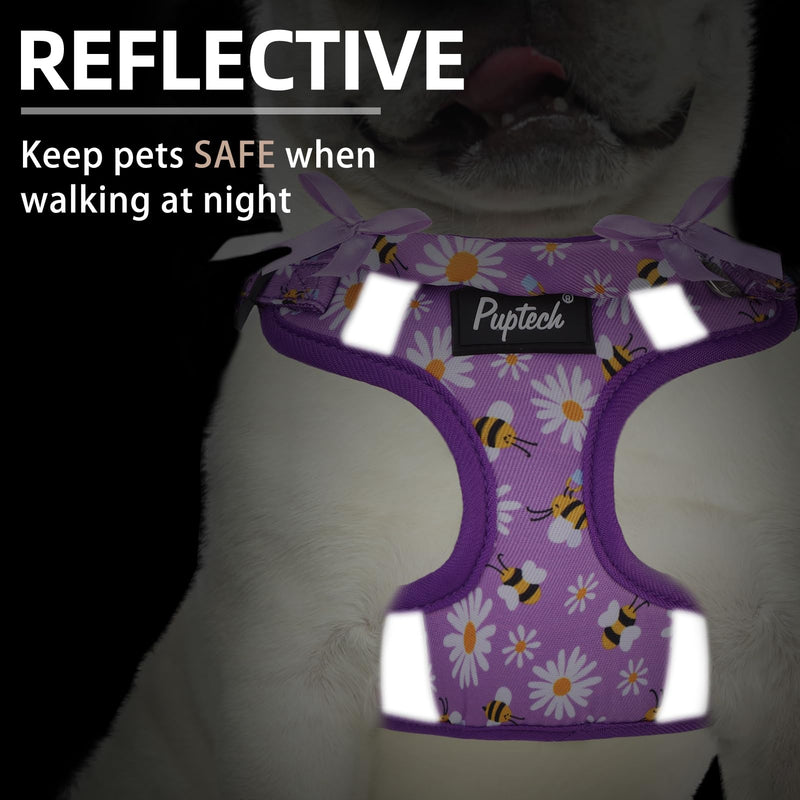 PUPTECK Dog Harness and Leash Set Small Sized, Step in No Pull Adjustable Puppy Cat Harness Reflective Pet Vest S (13-17lbs, Chest 15"-18") #2 Purple(Daisy Print) - PawsPlanet Australia