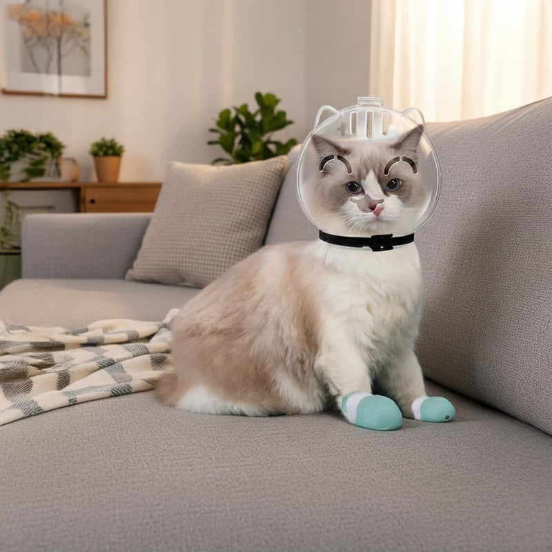 Green cat mouth guard and paw protection set, including 1 hood and 4 boots for scratch and bite prevention, wound care, adjustable for grooming