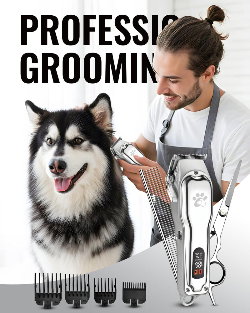 Dog Grooming Clippers Professional for Thick Hair, Full Metal Body Black Ceramic Blade LED Display Low Noise Rechargeable Cordless Dog Grooming Kit