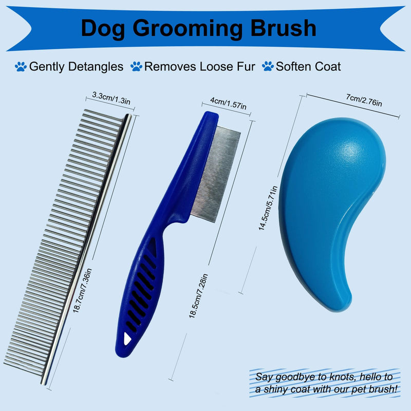 3 PCS Puppy Brush Grooming Kit, Stainless Steel Flea Comb, Fit for Yorkie, Shih Tzu, Maltipoo, Soft Bristle (Blue) Blue - PawsPlanet Australia