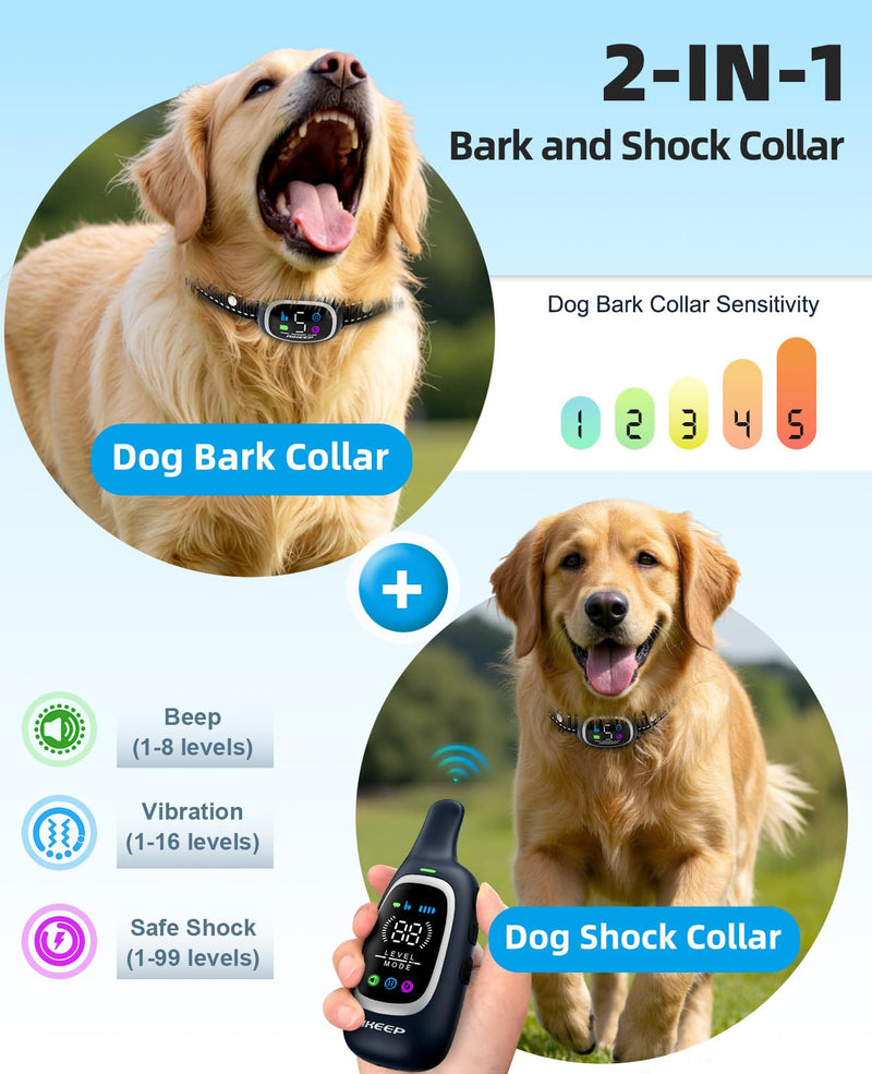 2-in-1 Dog Shock Collar and Bark Collar for Dogs – 3300FT Dog Training Collar with Remote, IP67 Waterproof e Collar with Anti-Bark/Beep/Vibration/Shock Modes for Small Medium Large Dog(8-120Lbs) Black - PawsPlanet Australia