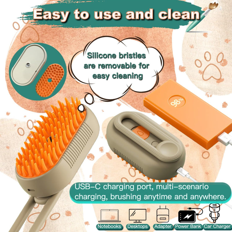 Steam Cat Cordless 3-in-1 Silicone Massaging Grooming Brush With Built-in Lithium Battery, Removes Static and Flying Pet Hair for Cats and Dogs (Beige) Beige - PawsPlanet Australia