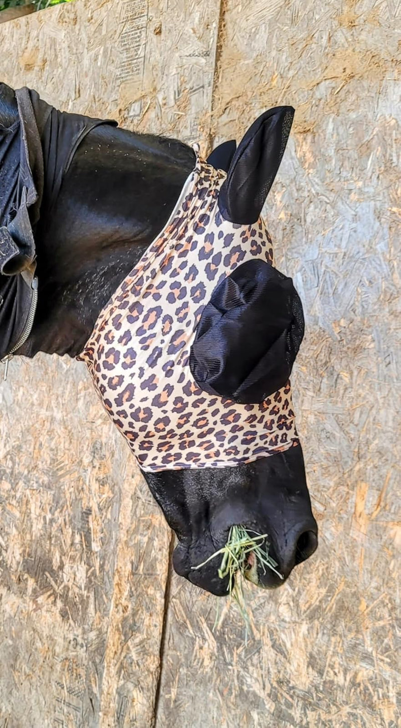 Stretchable UV-Blocking Equine Fly Mask with Moldable Ear Covers, Adjustable Comfort Mesh Straps, Leopard-Pattern Pasture & Trail Protection Perfectly Sized for Full Sized Horses - Leopard Print Large
