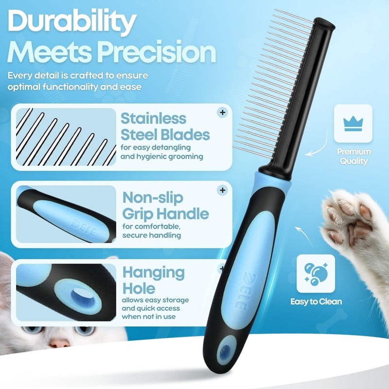 Flexzion Metal Pet Comb for Cats & Dogs - Sturdy Stainless Steel Rounded Teeth with Non-Slip Soft Grip Handle Easy to Use Grooming Detangling Cat Combs for Indoor Cats, Blue - PawsPlanet Australia