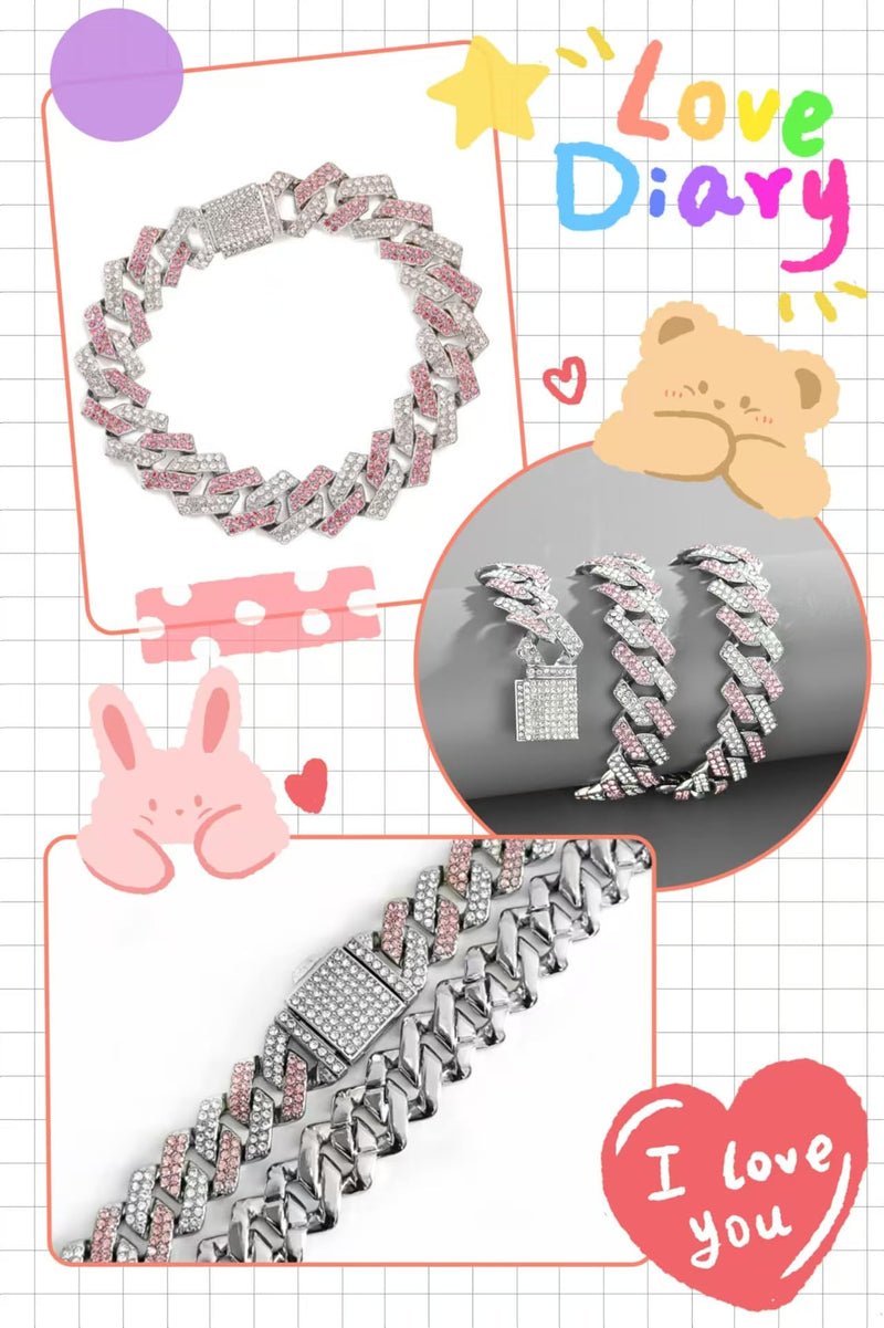 Pink Dog Chain Collar, Dog Necklaces Diamond Cuban Link Dog Collar Rhinestone Bling Glitter Metal Choke,Pet Jewelry for Puppy Small Medium Large Dogs (Pink 20inch) Pink 20 Inch - PawsPlanet Australia