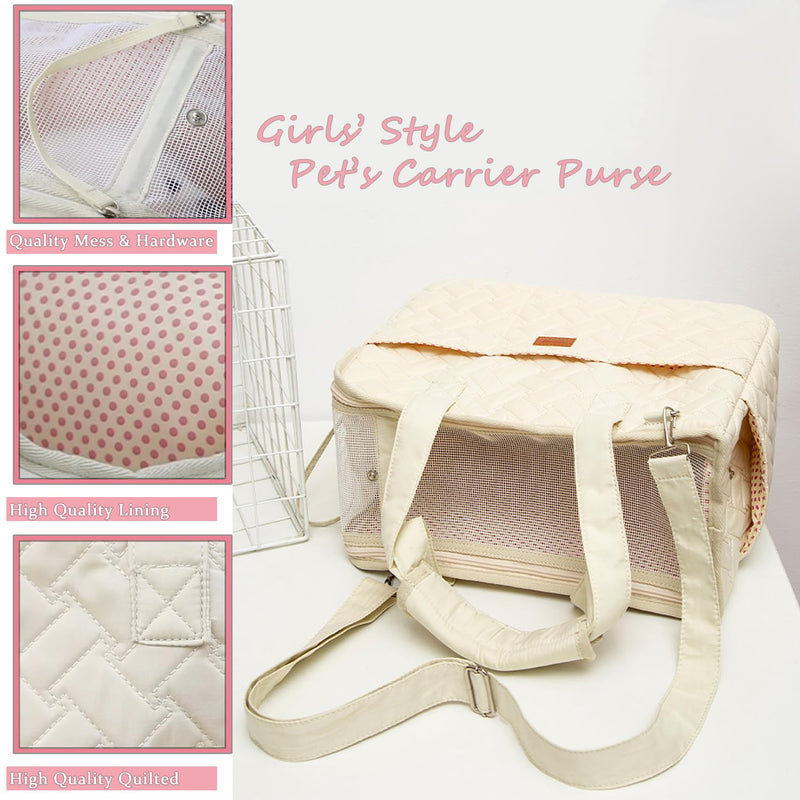 HSC PET Beige Small Dog Bag Woman,Cat Carrier Quilted Pet Soft Sided Leisure Pups Totes Traveling Go to Vet,Pet Function Handbag with 3 Pockets,12 lbs Puppy/15 lbs Cat or Kittens 16.1"L x 11.8"W x 7.1"H - PawsPlanet Australia