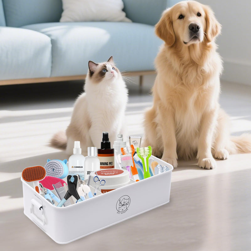 Premium 4-Compartment Dog Grooming Organizer,Metal Caddy for Pet Stuff with Handle-Powder Coated Storage Bin for Dog Cat Grooming Kit,Clippers,Brushes,Scissors & Supplies-White - PawsPlanet Australia