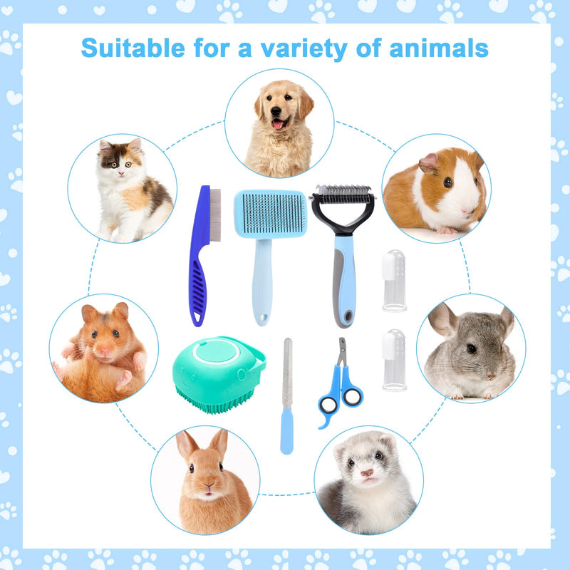 VCZONE 8 Pcs Dog Brush Grooming Kits, Includes Pet Nail Clipper and File, Flea Comb, Pet Shampoo Bath Brush, Pet Shedding Brush, Pet Dematting Comb, Silicone Toothbrush (Blue) Blue - PawsPlanet Australia