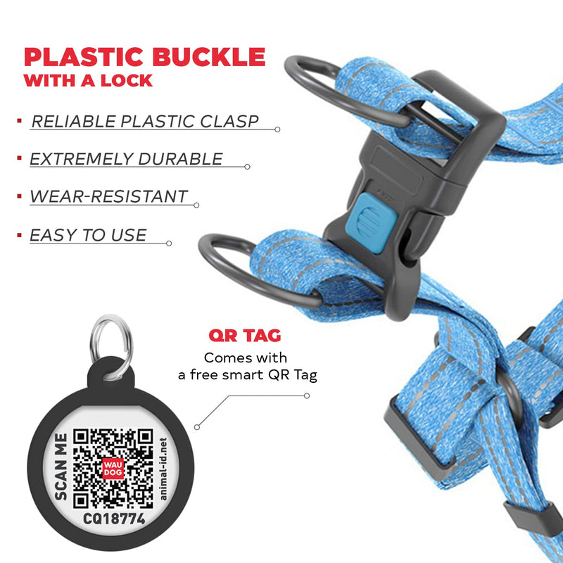 WAUDOG Re-Cotton Dog Harness Eco-Friendly Dog Harness for Small, Medium & Large Dogs - Reflective Dog Harness w/QR ID Tag - Puppy Harness for Male & Female Dogs L: 27-35" Blue - PawsPlanet Australia