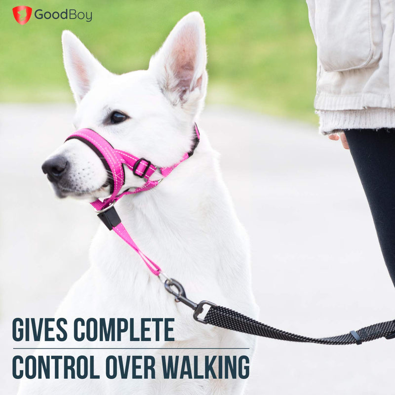 GoodBoy Dog Head Halter with Safety Strap - Stops Heavy Pulling On The Leash - Padded Headcollar for Small Medium and Large Dog Sizes - Head Collar Training Guide Included (Size 4, Pink Nylon) Size 4 (Pack of 1) Pink Nylon / Black Padding - PawsPlanet Australia