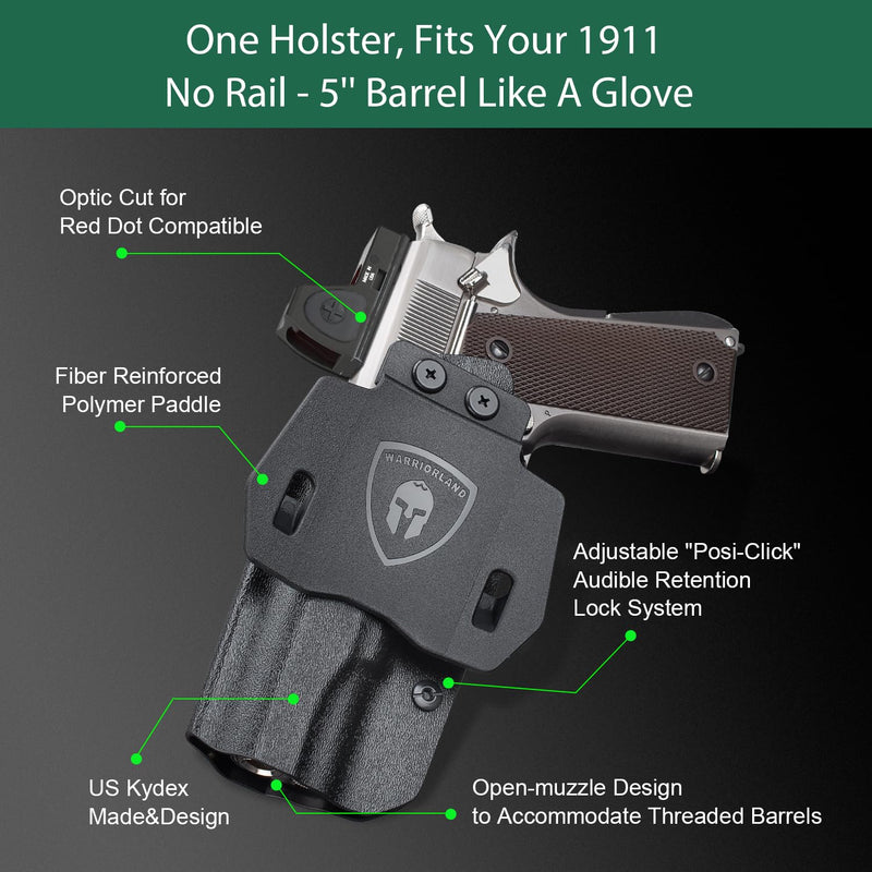 WARRIORLAND OWB Kydex Holster with Optic Cut, Select Fit for Glock 17/19/19X/ 43/43X MOS, No Rail 1911, Hellcat/Hellcat Pro, Taurus G2C/G3C, Shield Plus/EZ, P320/P365/P226 &More, 1.75" Paddle Holster No-Railed 1911 5" (Colt/Kimber/RIA/Ruger/Tisas...)