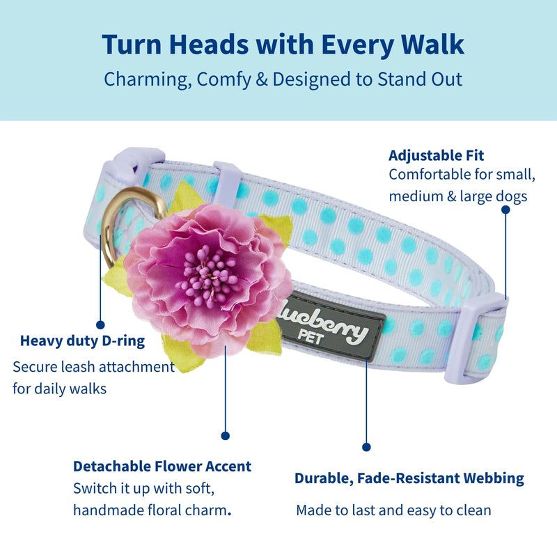 Blueberry Pet Adjustable Flocking Dog Collar with Artificial Silk Flower - Polka Dot in Pastel Purple, Large, Neck 18"-26" Flocking Print - Pastel Purple - PawsPlanet Australia