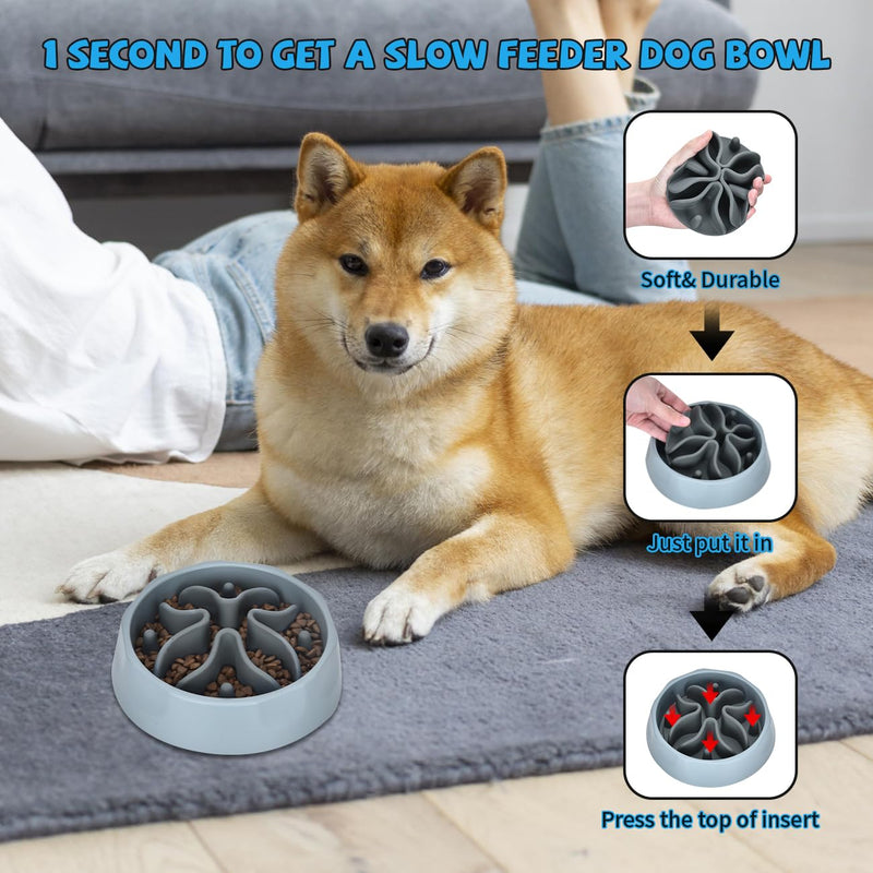 Slow Feeder Dog Bowls Insert, Silicone Dog Slow Feeder Bowl with Strong Suction Cups Perfect For Stainless Steel Glass Ceramic Dog Bowls (Grey, Medium Size) Gray - PawsPlanet Australia