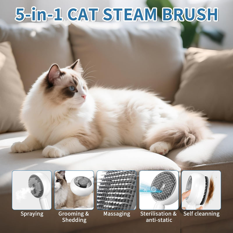 Cat Steam Brush for Indoor Cat Dog 5 In 1 Pet Fur Remover Tool for Shedding & Grooming Anti-Static Spray Hair Removal Comb with Release Button Long Short Hair Pet Dog Supplies - White - PawsPlanet Australia