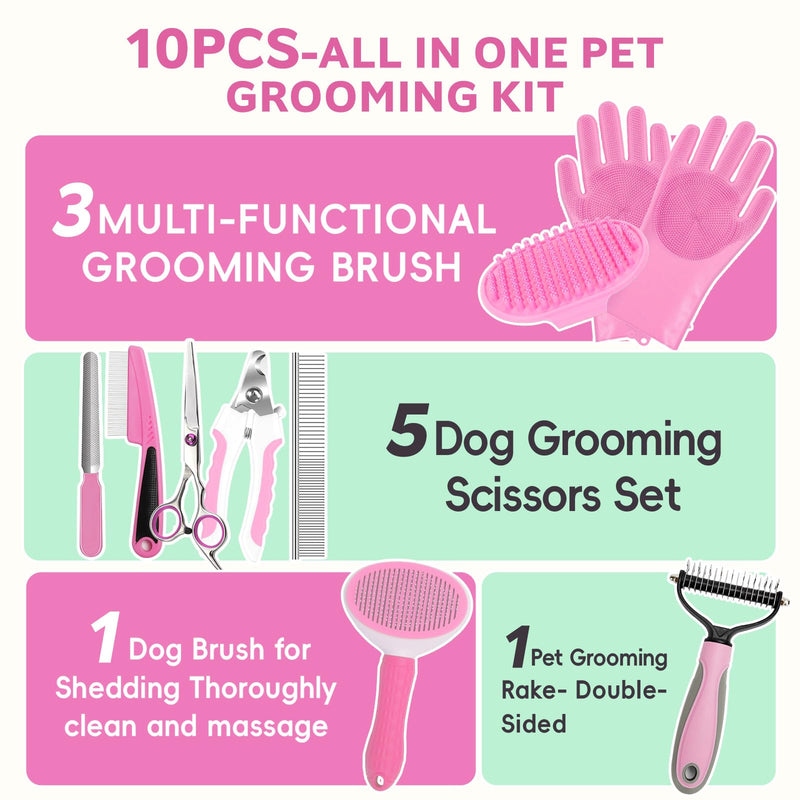 Bath Grooming Kit for Pets, 10pcs Dog Brush for Shedding with Dog Nail Clipper and Trimmer, Dog and Cat Grooming Supplies, Dematting Comb for Dogs, Pet Bath Supplies Pink 10pcs - PawsPlanet Australia