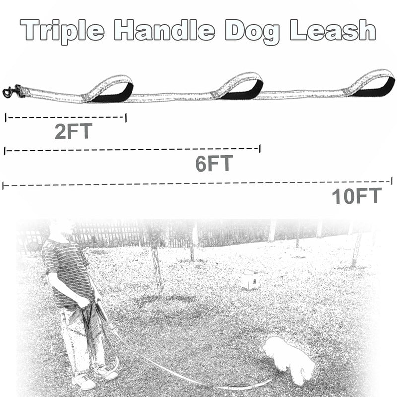 3 Handle Dog Leash, 10FT Triple Handle Dog Leash Reflective Stitching, Three Padded Traffic Handles, Heavy Duty Dog Leash, Training Dog Lead for Control and Safety (Purple) Purple