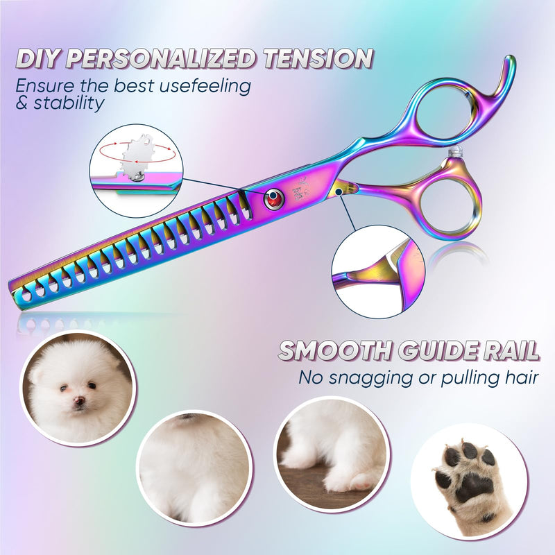7" Dog Grooming Scissors Kit Multicolour, Premium Japanese 440C Stainless Steel Straight Scissors, Thinning Shears, Curved Scissor, Chunker Shears with Steel Comb for Precise Styling Grooming set - PawsPlanet Australia