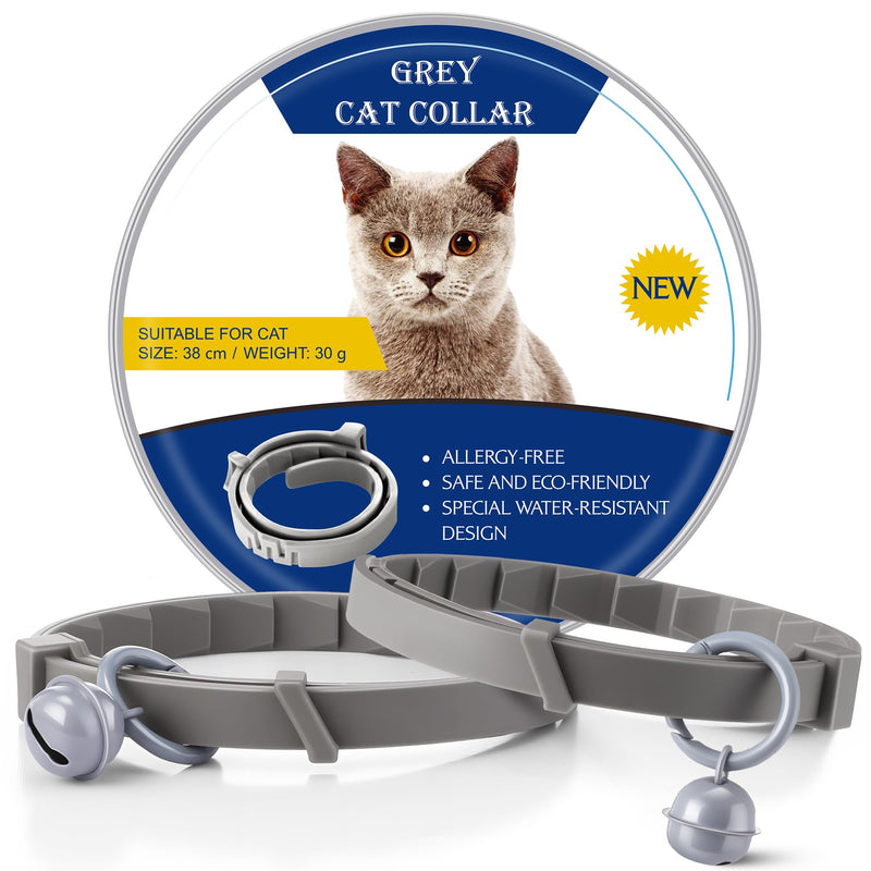 Plant Based Flea and Tick Collar for Cats and Kittens, Long Lasting Flea Prevention, Essential Oil Cat Collar, Adjustable Lightweight Design with Bell(2 Packs,Grey) 2 Grey