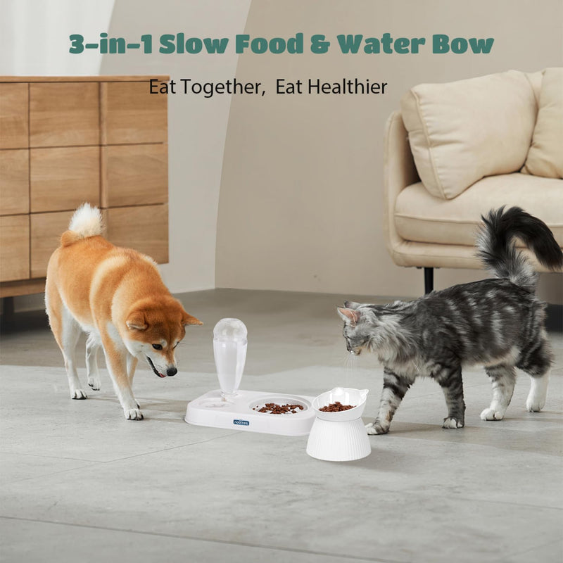 Nobleza 3-in-1 Slow Pet Feeder Bowl Bottle Set, Automatic Pet Dispenser Treat Food & Water Bowl with 15° No Spill Tilted Raised Bowl for Cat Dog Small Medium Pet Kitten Puppy Bunny Healthy Food Water - PawsPlanet Australia