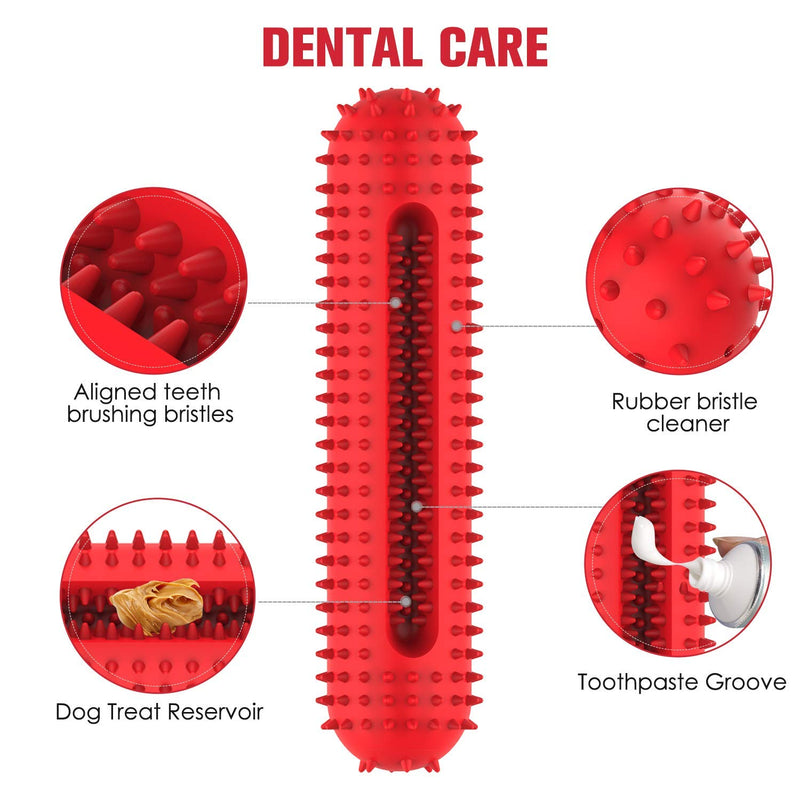 PETIZER Dog Squeaky Toys for Aggressive Chewers | Tough Toothbrush Dog Chew Toy | Nearly Indestructible Rubber Toys for Pet Training, Teeth Cleaning, Playing and Chewing for Medium & Large Breeds Red - PawsPlanet Australia