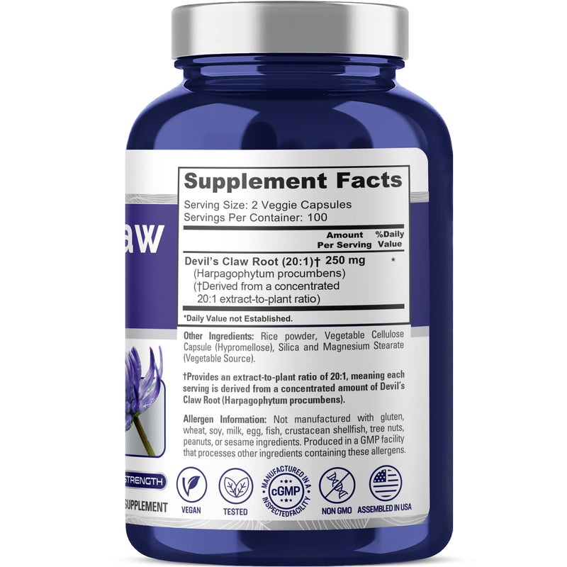 NusaPure Devil's Claw, 250 mg, 200 Veg Capsules (Non-GMO, Vegan) - PawsPlanet Australia