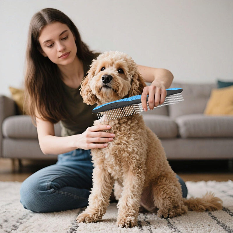 Pet Grooming Comb Set, 2-Piece Metal Tooth Flea and Dematting Combs with Rubber Handle for Dogs and Cats - PawsPlanet Australia