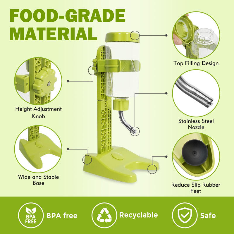 Vannon 13oz Pet Standing Water Dispenser Top Fill Pet Water Bottle Dispenser with Stand Pet Slow Water Bottle for Small Animals, BPA Free, Adjustable Height, Green - PawsPlanet Australia